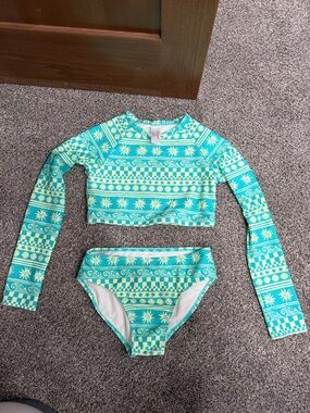 Kids Long Sleeve Two-Piece Swim Set in Aqua and Yellow - Like new